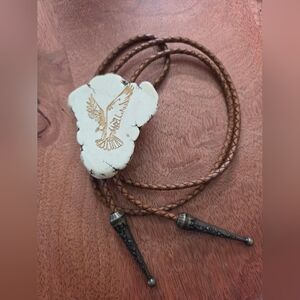 Eagle Lazer Cut Howlite Slab Bolo Tie with Faux Leather Brown Cord Western